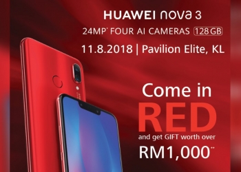 Huawei nova 3 merah ada hadiah percuma lebih RM1,000