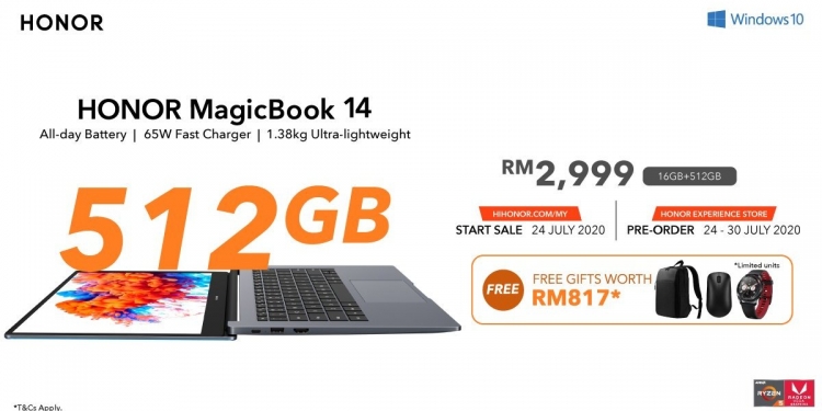 Honor Magicbook 14 dengan RAM dan SSD diganda akan tiba di Malaysia