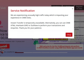 Perkhidmatan CIMB Clicks ‘Instant Transfer’ tergendala sehingga waktu yang belum dimaklumkan