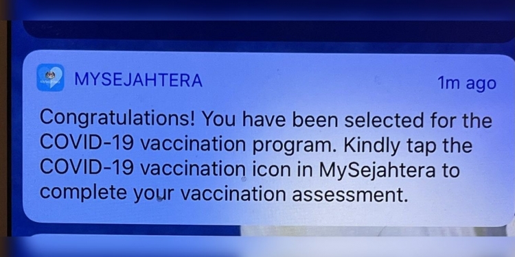 Ini rupa mesej jemputan imunisasi Fasa 2 COVID-19 di MySejahtera