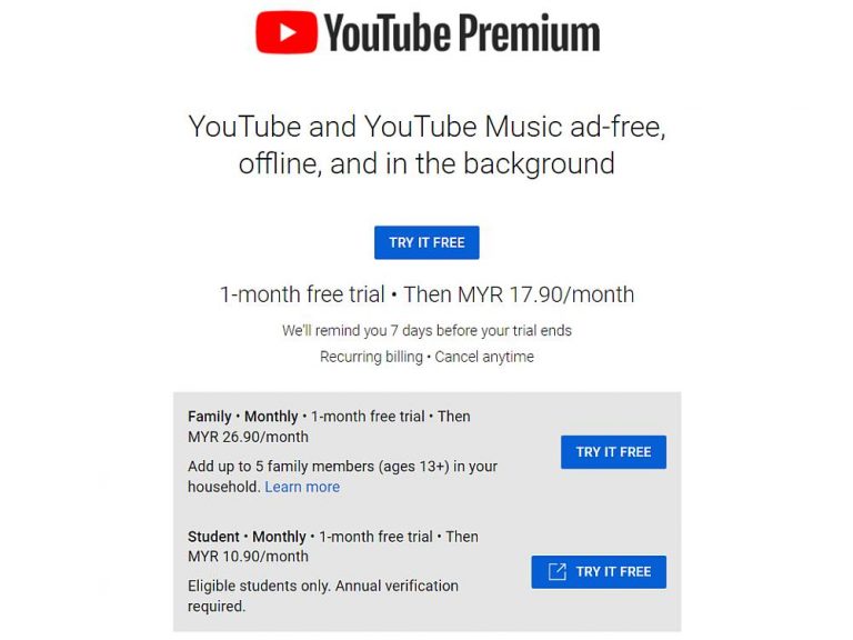 YouTube Premium Malaysia naik harga kepada RM33.90