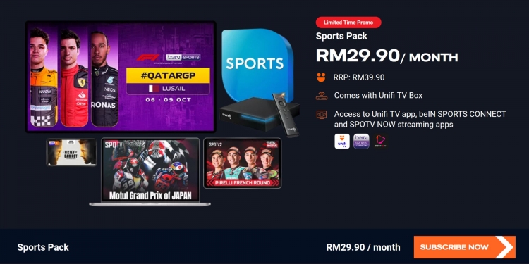 Unifi TV perkenal tiga pek baru, ada pek Sukan dengan siaran langsung bola sepak dan F1, hanya RM29.90/bulan