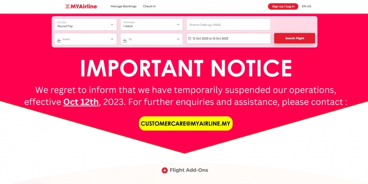 MYAirline tutup kedai hingga satu tarikh yang belum diberitahu, masalah kewangan dipercayai punca