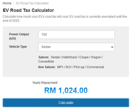 Harga cukai jalan EV bermotor 150kW