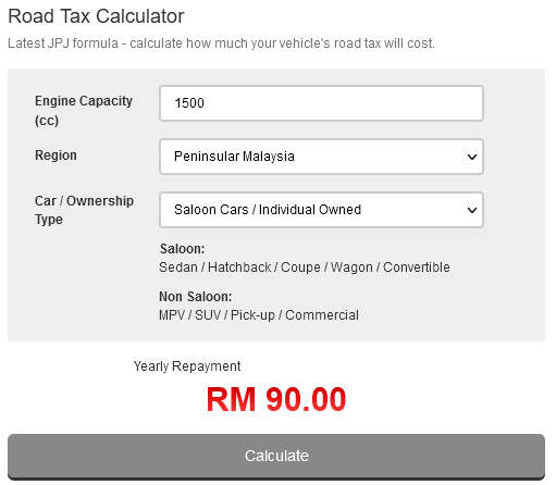 Harga cukai jalan kenderaan ICE berenjin 1,500cc